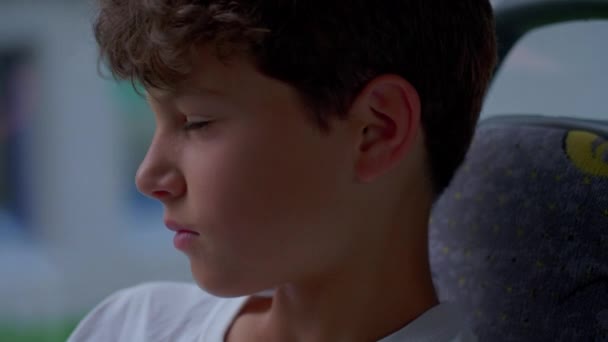 Contemplative Young Boy Engrossed Scenic View Bus Preteen Thoughtful Moment — Stock Video