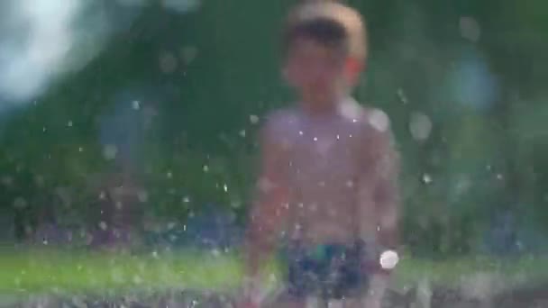 Enfant Enthousiaste Envoyant Des Jets Eau Vers Ciel Dans Piscine — Video