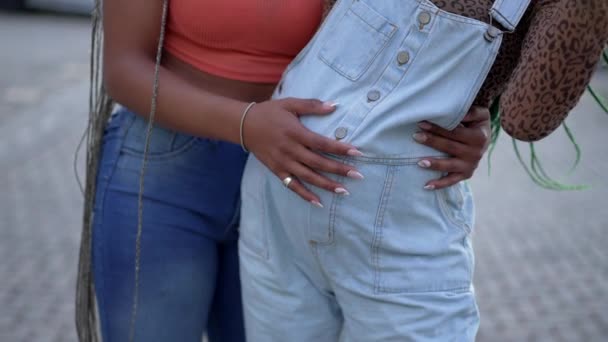 女朋友的手抱着怀孕的肚子怀孕前后的关怀和感情 两个女性朋友要生孩子 — 图库视频影像