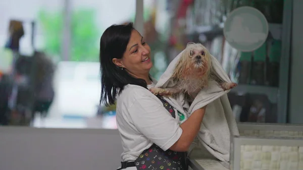 Happy Pet Shop Employee holding Shih Tzu Dog after bath. Female entrepreneur owner of Local Business place portrait posing for camera with Pet wrapped in towel
