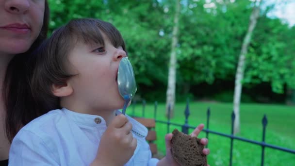 Comida Puré Degustación Infantil Con Cuchara Regazo Madre Sentada Afuera — Vídeo de stock
