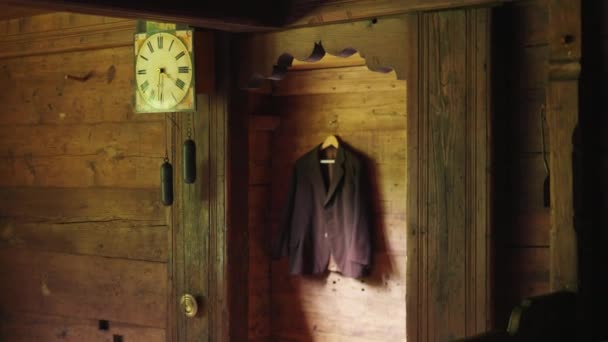 Vintage Alpine Suit Displayed Chalet Timber Wall Traditional Rural Attire — Stock Video