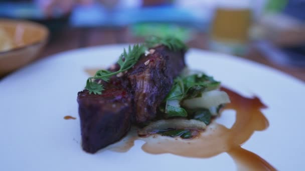 Exquisito Arte Culinario Carne Primera Calidad Servido Plato Distinguido Restaurante — Vídeos de Stock