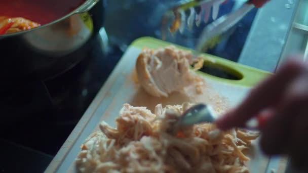 Shredding Pieces Chicken Fork Close Hand Preparing Food Meal — Stock Video