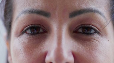 Kameraya bakan orta yaşlı bir kadının yakın çekim makro gözleri. Kadın bakışları, yüz ayrıntıları.