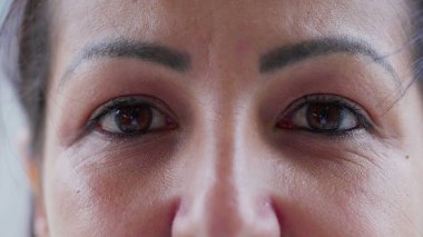 Kameraya bakan orta yaşlı bir kadının yakın çekim makro gözleri. Kadın bakışları, yüz ayrıntıları.