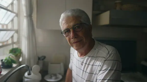 Portrait Senior Man Standing Kitchen Looking Camera Gray Mature Older — Stock Photo, Image