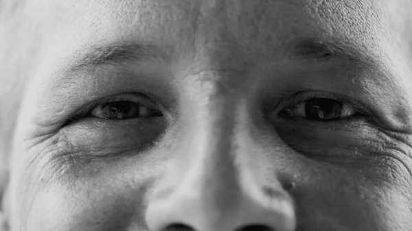 Makro Bliskie Oczy Osoby Wpatrujące Się Kamerę Monochromatycznej Czerni Bieli — Zdjęcie stockowe