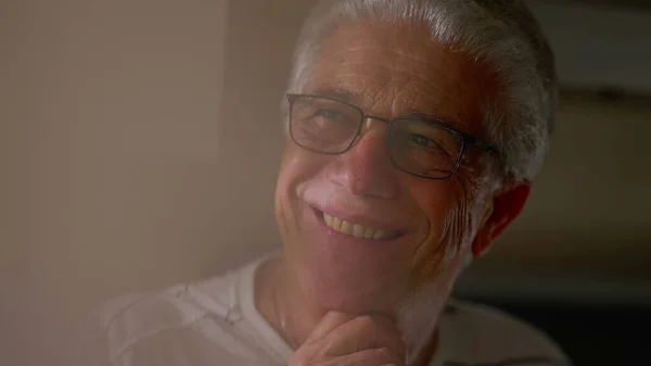Close Joyful Senior Man Mature Expression Smiling While Looking Out — Stock Photo, Image