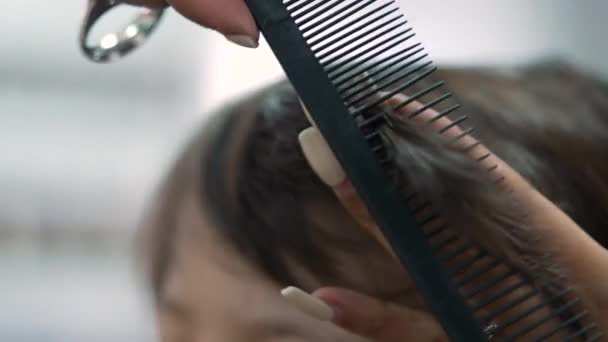 Närbild Frisör Hand Cutting Hair Med Sax Och Kam — Stockvideo