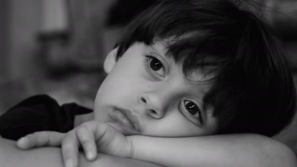 Melancholijne Dziecko Smutnym Wyrazem Twarzy Mały Chłopiec Borykający Się Depresją — Wideo stockowe
