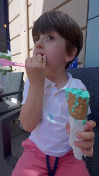 Little Boy Enjoys Vibrant Ice Cream Waffle Cone Sunny Day — Stock Video