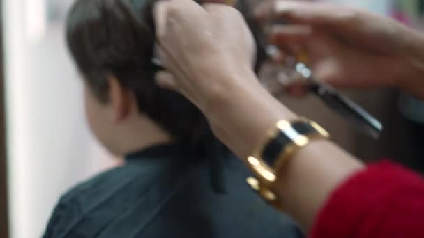 Profesyonel Saç Stilisti Kurutma Dövüşme Çocuk Kuaförü Küçük Çocuğun Saç — Stok video