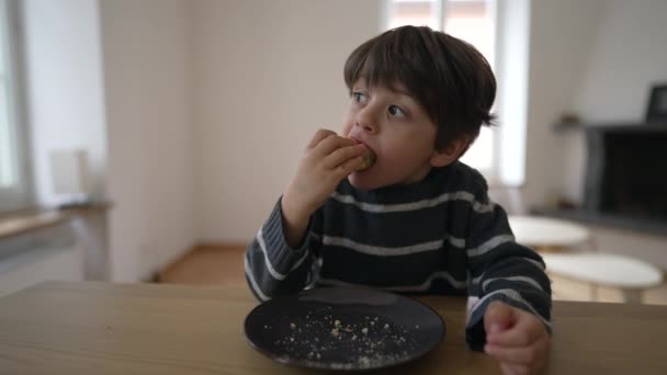 Маленький Мальчик Ест Кусок Хлеба Крупным Планом Летний Ребенок Перекусывает — стоковое видео
