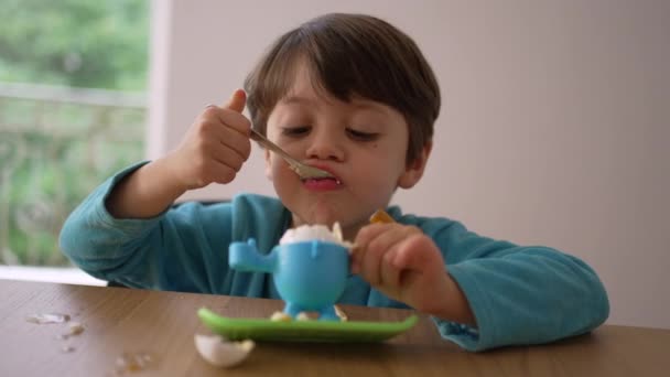Concentrated Child Eating Soft Boiled Egg Evening Dining Healthy Meal — Stock Video