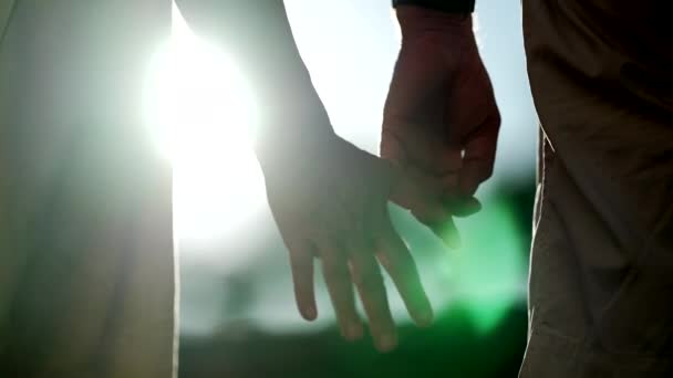 シニアカップルは 日光のバックライトフレアで外で手を結合します 高齢の既婚者がコンセプトを支援しサポート — ストック動画