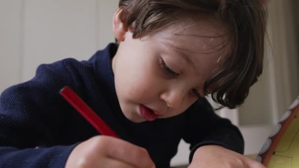 本にペンを着色して描くことに集中した少年 自宅でクリエイティブな活動をする集中的な子供 — ストック動画
