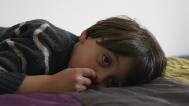 Παιδί Σκαλίζει Μύτη Ενώ Ξαπλώνει Στο Κρεβάτι Ξύσιμο Μύτης — Αρχείο Βίντεο