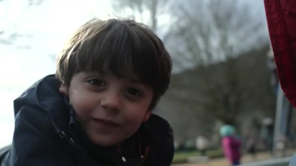 Enfant Enchanté Sur Rond Point Fall Park Gros Plan Garçon — Video