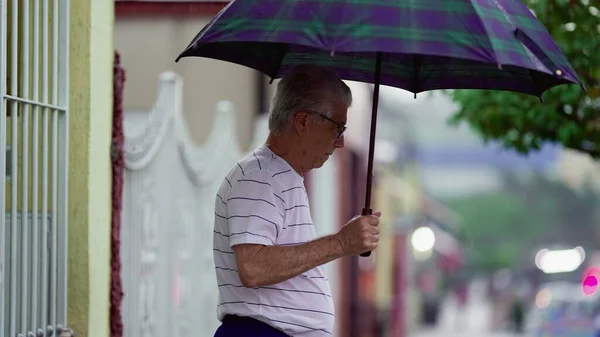 Back Senior Man Walking Rain Holding Umbrella Elderly Mature Person — Stock Photo, Image