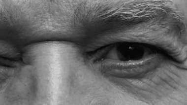 Son sınıfların sert bakışları, kırışık yüzün tek renkli makro yakın çekimi, ciddi bir ihtiyarlık vizyonunun siyah beyaz fotoğrafı.