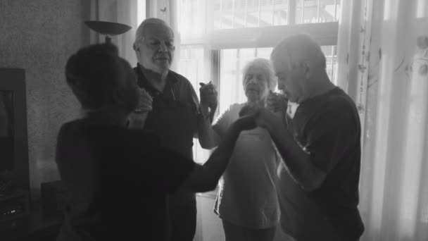 白黒のモノクロの祈りを自宅で手で握っている宗教家 窓から祈る霊的な高齢者 — ストック動画