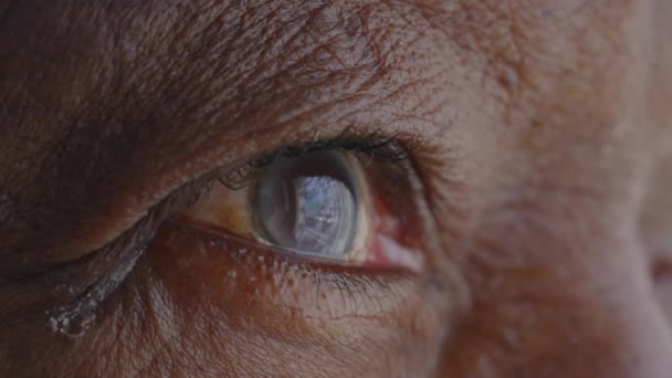 Один Глаз Старшего Черного Человека Макро Крупным Планом Зрение Пожилого — стоковое видео