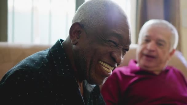 Gioioso Afroamericano Ridere Sorridere Mentre Interagisce Con Suo Amico Anziani — Video Stock