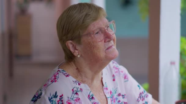 Tagträumende Rentnerin Den Achtzigern Nachdenklich Starrend Vor Dem Heimischen Hinterhof — Stockvideo
