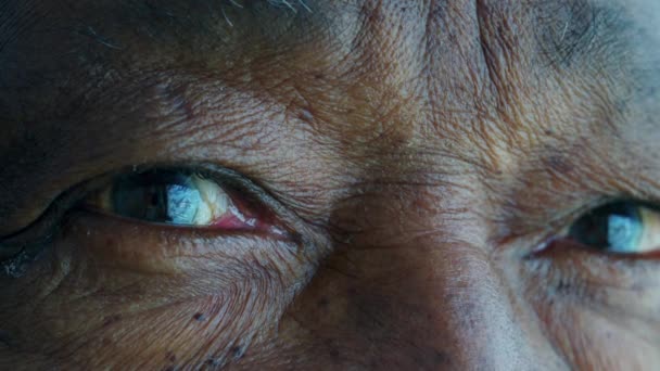 Макрозамыкание Глаз Пожилого Афроамериканца Взгляд Глаза Пожилого Чернокожего — стоковое видео