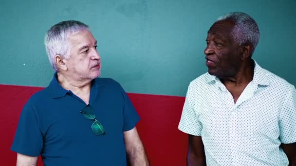 Uomo Anziano Caucasico Che Parla Con Anziano Nero Piedi Strada — Video Stock