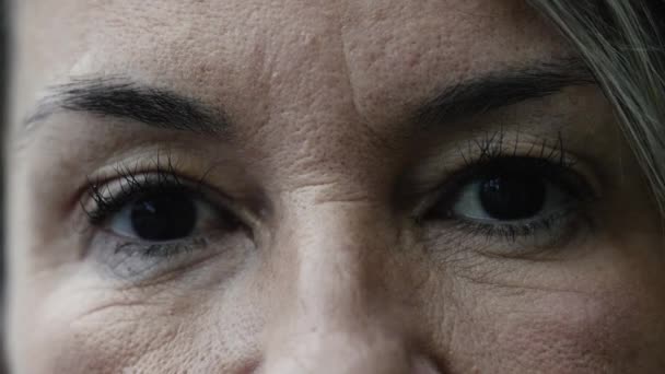 中年女性の真面目な表情 マクロ クローズアップ コンタクト カメラで出演する熟女 — ストック動画