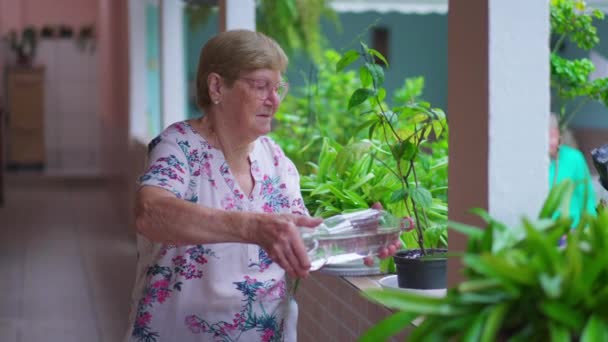居家后院内老年妇女浇灌植物的真实家庭老年生活方式 — 图库视频影像