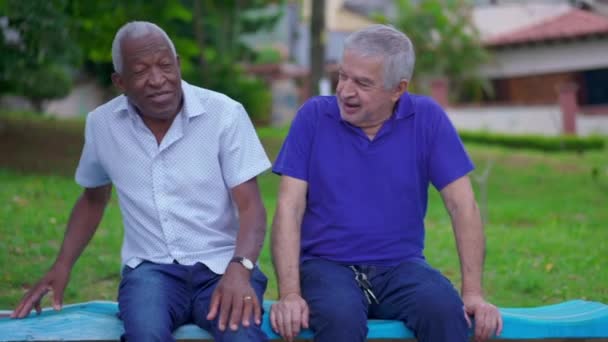 Afroamerykanin Senior Siedzi Boku Białego Przyjaciela Cieszącego Się Świeżym Powietrzu — Wideo stockowe
