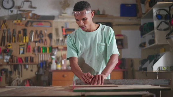 One Concentrated Young Black Brazilian Carpenter Engaged Workshop Job Sawing — Stock Photo, Image