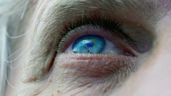 Makro Nahaufnahme Der Blauen Augen Eines Älteren Mannes Der Voller — Stockfoto