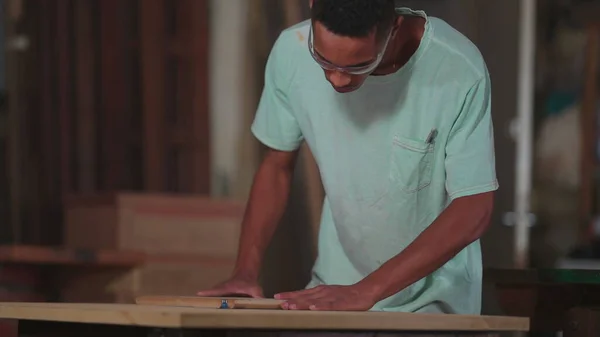 One Young Black Brazilian Carpenter Working Carpentry Workshop Trimming Piece — Stock Photo, Image