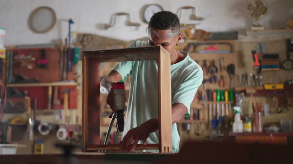 Engaged Craft Scene Young Black Brazilian Carpenter Building Furniture Workshop — Stock Photo, Image