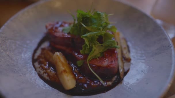 Talíř Gurmánského Jídla Nóbl Restauraci Vynikající Jídlo Prezentované Luxusním Bistru — Stock video
