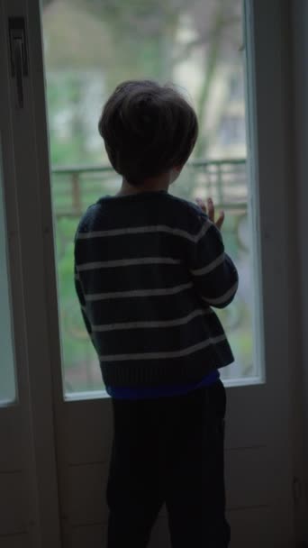 忧郁的小男孩靠着窗户从公寓看风景 沉思沉思的孩子等着有人来 垂直的视频 — 图库视频影像