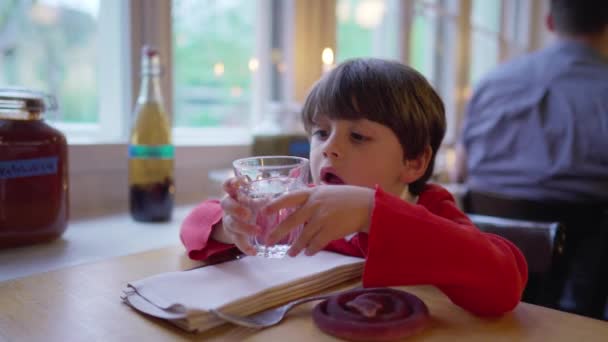餐厅里的儿童饮水 小男孩穿着毛衣和马球在给自己浇水 — 图库视频影像