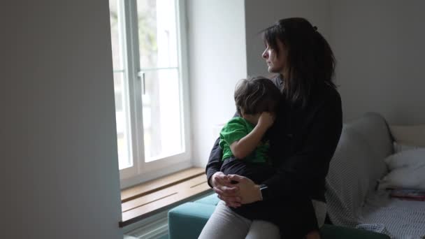 自宅の窓から子供を慰める母 小さな男の子を慰める思慮深いペンギンママの候補者の柔らかい瞬間 — ストック動画