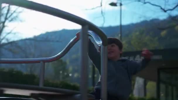 Μικρό Αγόρι Απολαυστικά Γυρίζει Κυκλικό Πάρκο Ενεργητικό Παιδί Που Διασκεδάζει — Αρχείο Βίντεο