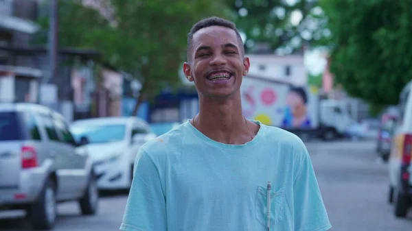 One Happy Young Black Brazilian Man Standing Urban Street Smiling — Stock Photo, Image