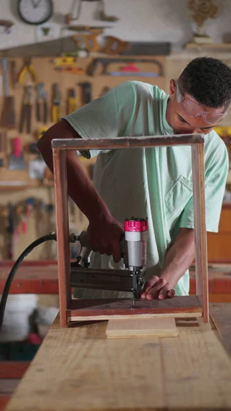 Young Carpenter Apprentice Working Carpentry Workshop Drilling Tool Repairing Furniture — Stock Photo, Image