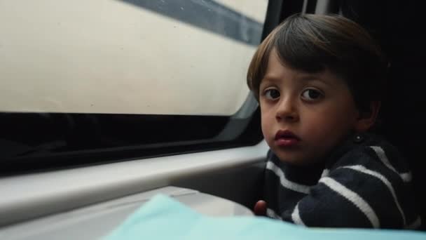 悲しい少年が列車の窓の外を見ている 憂うつな表情で通り過ぎる風景を見つめている窓のそばに座っている憂うつな子供 — ストック動画