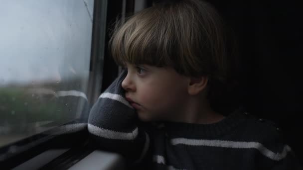 悲しい少年が列車の窓の外を見ている 憂うつな表情で通り過ぎる風景を見つめている窓のそばに座っている憂うつな子供 — ストック動画