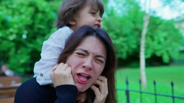 Careless Small Boy Choking Mom While Playing Kid Knowing Play — Stock Photo, Image