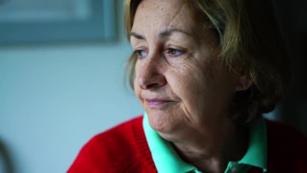 Pensive Senior Vrouw Close Gezicht Met Doordachte Uitdrukking Contemplatieve Oudere — Stockvideo