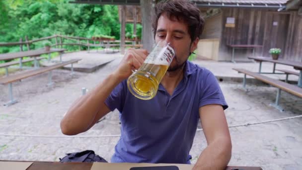 Portrait Man 30S Sipping Draft Beer Glass Mug Enjoying Lager — Stock Video